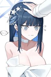  ... absurdres blue_archive blue_eyes blue_hair blue_halo blunt_bangs breasts choker cleavage colored_inner_hair commentary dra_(dhra_a) dress earrings female flying_sweatdrops furrowed_brow halo headpat highres jewelry korean_commentary long_hair long_sleeves multicolored_hair official_alternate_costume saori_(blue_archive) saori_(dress)_(blue_archive) shirt simple_background speech_bubble spoken_ellipsis tearing_up upper_body wavy_mouth white_background white_choker white_dress white_shirt 