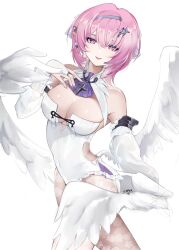  adapted_costume bare_shoulders breasts cleavage commentary detached_sleeves emmii_(saphir_ee) english_commentary female floral_print floral_print_pantyhose grey_hairband hairband highres large_breasts leotard looking_at_viewer medium_hair pantyhose pink_hair print_pantyhose purple_eyes remielle_dan simple_background smile solo white_leotard white_wings wings zenless_zone_zero 