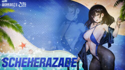  absurdres beach black_hair breasts brown_dust_(series) brown_dust_2 brown_hair character_name cleavage collarbone copyright_name criss-cross_halter english_text female hair_between_eyes halterneck hand_up highres large_breasts long_hair looking_at_viewer navel official_alternate_costume official_art official_wallpaper open_mouth scheherazade_(brown_dust) seashell shell solo stomach zoom_layer 