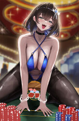  96mako absurdres arm_support bare_shoulders black_choker blue_one-piece_swimsuit bracelet breasts brown_dust_(series) brown_dust_2 brown_hair brown_hiphighs card casino_card_table center_opening choker cleavage collarbone commentary criss-cross_halter female full_body hair_between_eyes hair_ornament halterneck highres hiphighs indoors jewelry kneeling korean_commentary large_breasts looking_at_viewer medium_hair navel one-piece_swimsuit open_mouth playing_card poker_chip scheherazade_(brown_dust) scheherazade_(deliberate_ace)_(brown_dust) shadow sidelocks smile solo stomach swimsuit table teeth tongue tongue_out upper_teeth_only white_nails yellow_eyes 