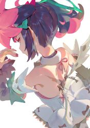  back_cutout black_hair bow clothing_cutout collar commentary_request detached_sleeves dress fatur_rasid female from_behind green_bow green_halo halo hand_up highres multicolored_hair nangong_yu pink_eyes pink_hair pink_nails solo twintails two-tone_hair white_background white_collar white_dress zenless_zone_zero 