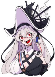  arknights bare_shoulders black_hat breasts cleavage cleavage_cutout clothing_cutout commentary_request crazy crazy_smile cropped_torso dr_yamero female grey_hair hair_between_eyes hat high_collar highres large_breasts long_hair looking_at_viewer open_mouth red_eyes sharp_teeth simple_background smile solo specter_(arknights) specter_the_unchained_(arknights) teeth two-sided_fabric two-sided_headwear white_background white_hat 