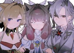  3girls :3 animal_ears arlecchino_(genshin_impact) bare_shoulders black_collar black_eyes black_hair blue_eyes blunt_bangs blush bow brown_hair cat_ears closed_eyes closed_mouth coat collar columbina_(genshin_impact) detached_collar dress earrings eye_mask facing_viewer gem genshin_impact grey_coat grey_hair hair_between_eyes hair_intakes head_wings highres jewelry long_hair looking_at_viewer mask multicolored_hair multiple_girls purple_hair red_gem red_pupils sandrone_(genshin_impact) simple_background strapless streaked_hair stud_earrings symbol-shaped_pupils white_background white_bow wings x-shaped_pupils yp6pd 