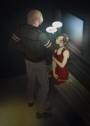  1boy ada_wong bare_shoulders black_hair black_jacket black_pantyhose black_shoes blonde_hair breasts character_name cleavage commentary_request dress english_text female full_body grey_pants high_heels highres jacket leon_s._kennedy medium_breasts namiru319 one_eye_closed pants pantyhose parted_lips pumps red_dress resident_evil resident_evil_2 shoes short_dress sitting sleeveless sleeveless_dress standing straight tears twitter_username wiping_another's_face wiping_tears 