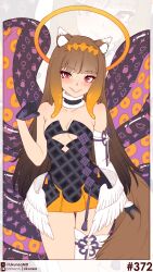  absurdres animal_ear_fluff animal_ears bare_shoulders black_gloves blush breasts brown_hair cleavage clenched_teeth commentary cosplay detached_sleeves english_commentary female fur-trimmed_collar fur_trim gloves grin halo highres holo hololive hololive_english likunea long_hair looking_at_viewer ninomae_ina'nis ninomae_ina'nis_(1st_costume) ninomae_ina'nis_(cosplay) orange_halo patreon_logo patreon_username red_eyes single_detached_sleeve small_breasts smile solo spice_and_wolf tail teeth tentacle thigh_gap thighs twitter_username twitter_x_logo white_sleeves white_wings wings wolf_ears wolf_girl wolf_tail zoom_layer 