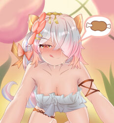  absurdres bare_shoulders breasts cleavage closed_mouth collarbone commentary_request duel_monster elite_yokan female hair_over_one_eye highres large_breasts leg_ribbon long_hair looking_at_viewer multicolored_hair navel orange_hair pink_ribbon pointy_ears ribbon smile solo stomach tongue tongue_out traptrix_pinguicula very_long_hair yu-gi-oh! 
