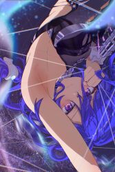  :s absurdres arm_up armpit_focus armpits bare_shoulders bilingual_commentary black_leotard blue_eyes blue_hair blue_pupils blurry blurry_background breasts chinese_commentary clenched_hand closed_mouth clothing_cutout commentary_request cuffs cutout_above_navel depth_of_field dot_nose double-parted_bangs female hair_between_eyes hand_up highres holding holding_string houmurua leotard light_blush light_particles long_hair long_hair_between_eyes looking_at_viewer making-of_available medium_breasts mixed-language_commentary multi-source_commentary presenting_own_armpit promeia_(zenless_zone_zero) side_cutout sleeveless solo string thread upper_body upside-down v-shaped_eyebrows zenless_zone_zero 