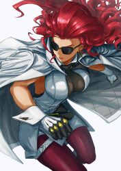  absurdres breasts center_opening cleavage_cutout clothing_cutout commentary crimson_viper dress earrings female gloves hair_slicked_back highres jewelry long_hair medium_breasts minokichi_(arufooto25) pantyhose red_hair red_pantyhose see-through_cleavage see-through_clothes sleeveless solo street_fighter street_fighter_6 sunglasses thick_thighs thighs white_background white_dress white_gloves 