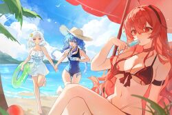  3girls ahoge beach bikini black_bikini blue_eyes blue_hair braid breasts commentary_request crossed_legs dress elf eris_greyrat food food_in_mouth hezi_(measukivov) highres long_pointy_ears looking_at_viewer medium_breasts multiple_girls mushoku_tensei navel ocean outdoors parasol pointy_ears popsicle popsicle_in_mouth red_eyes red_hair roxy_migurdia sand school_swimsuit sitting swimsuit sylphiette_(mushoku_tensei) tube twin_braids umbrella water white_dress white_hair 