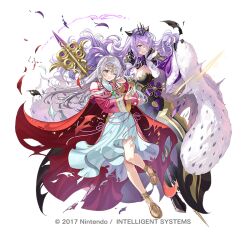  2girls armor armored_boots bare_shoulders boots breasts bridal_gauntlets camilla_(fire_emblem) camilla_(light_of_nohr)_(fire_emblem) cape circlet cleavage closed_mouth commentary_request curly_hair detached_sleeves dress fire_emblem fire_emblem:_radiant_dawn fire_emblem_fates fire_emblem_heroes full_body fur_trim gauntlets gloves grey_hair hair_ornament hair_over_one_eye hair_tubes holding jewelry large_breasts lips long_hair long_sleeves looking_at_viewer micaiah_(fire_emblem) micaiah_(queen_of_dawn)_(fire_emblem) multiple_girls official_art okuma_mai open_mouth purple_hair red_eyes solo staff tiara torn_clothes transparent_background white_hair wide_sleeves yellow_eyes 