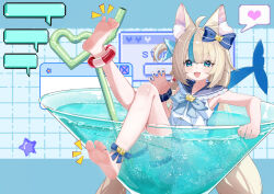  :3 :d absurdres ahoge animal_ear_fluff animal_ears ankle_bow armpits bare_arms bare_legs barefoot blonde_hair blue_background blue_bow blue_bowtie blue_eyes blue_nails blue_pupils blue_sailor_collar blue_scrunchie blue_streaks blush bow bowtie cat_ears chinese_commentary cocktail_glass commentary_request crazy_straw cup dorsiflexion dot_nose dress drinking_glass drinking_straw feet feet_up female fingernails fins fish_girl fish_tail frilled_sailor_collar frills full_body grid_background hairbow hand_up heart heart_straw highres in_container in_cup indie_virtual_youtuber kakyouin2002 knee_up leaning_back leg_up letterboxed lifebuoy_anklet lifebuoy_hair_ornament long_hair looking_at_viewer low_twintails mini_person minigirl multi-source_commentary multicolored_hair notice_lines oerba_yun_fang open_mouth outside_border pixel_art_inset pixel_heart sailor_collar sailor_dress sameko_saba sameko_saba_(1st_costume) scrunchie short_dress short_shorts shorts single_claw_pose sitting skin_fang sleeveless sleeveless_dress smile soles solo speech_bubble spoken_heart streaked_hair tail twintails two-tone_hair v-shaped_eyebrows very_long_hair virtual_youtuber white_dress white_shorts window_(computing) wrist_scrunchie 