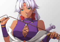  absurdres aqua_eyes bare_shoulders bow bracelet braid breasts cleavage cleavage_cutout clothing_cutout commentary commission cross-laced_clothes cross-laced_cutout curtained_hair dark-skinned_female dark_skin earrings eiyuu_densetsu facial_mark floating_hair forehead_mark hair_between_eyes hairbow highres holding holding_whip hoop_earrings jewelry konohanaillust large_breasts long_hair multiple_bracelets necklace parted_bangs parted_lips partially_shaded_face red_bow scherazard_harvey simple_background single_braid sleeveless smile sora_no_kiseki upper_body whip white_background white_hair 