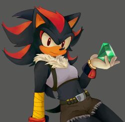  animal_ears animal_nose arm_support arm_wrap belt black_fur black_hair body_fur breasts brown_shorts chaos_emerald chest_harness closed_mouth commentary crop_top english_commentary female furry furry_female gem genderswap_(mtf) gloves green_gem grey_background grey_shirt hand_up harness highres holding holding_gem leaning_back long_hair looking_at_viewer midriff multicolored_hair navel neck_fur red_eyes rule_63 shadow_the_hedgehog shirt short_shorts short_tail shorts simple_background sitting sleeveless sleeveless_shirt small_breasts solo sonic_(series) spiked_hair stomach streaked_hair tail two-tone_hair virtualcorpse white_fur white_gloves white_hair 