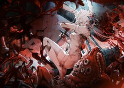  animal_ears blood blood_on_clothes blood_on_gloves blood_splatter bloodborne breasts dress extra_eyes extra_hands female frilled_hairband frills grey_eyes hair_ornament hairband hammer highres kirkhammer kp3963 long_hair monster original rabbit_ears rabbit_girl red_pupils small_breasts solo teeth thighhighs war_hammer weapon white_dress white_hair white_thighhighs 