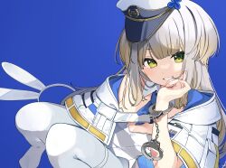  absurdres animal_ear_hairband animal_ears blue_necktie blunt_bangs breasts capelet cleavage commentary_request cuffs detached_collar dog_ears dog_girl dog_tail fake_animal_ears female gradient_hair green_eyes grey_hair hair_flaps hairband hand_on_own_cheek hand_on_own_face handcuffs hat highleg highleg_leotard highres leotard long_hair looking_at_viewer multicolored_hair necktie nijisanji nikuya_mugi pantyhose peaked_cap playboy_bunny police police_hat police_uniform policewoman rabbit_ear_hairband rabbit_ears shioriha_ruri sitting small_breasts smile straddling tail thighband_pantyhose two-sided_capelet virtual_youtuber white_capelet white_leotard white_pantyhose 