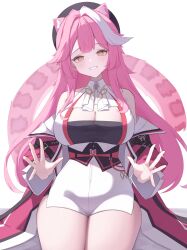  absurdres animal_ears ascot bare_shoulders beret black_hat blue_gem blush breasts coat commentary female gem grin hair_intakes hat highres hololive hololive_english jewelry large_breasts long_hair looking_at_viewer multicolored_hair nofaru panther_ears panther_girl panther_tail pink_coat pink_hair pink_tail raora_panthera raora_panthera_(1st_costume) shirt shorts simple_background sleeveless sleeveless_shirt smile solo streaked_hair tail thighs two-tone_hair virtual_youtuber white_ascot white_background white_hair white_shirt white_shorts yellow_eyes 