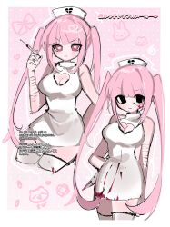  absurdres ame_(meowmegu) bandages bandaid bear blood blood_on_clothes blood_on_face bow breasts commentary_request dress feline hat heart heart-shaped_pupils highres holding holding_syringe jirai_kei large_breasts lyrica_(yamikko_troublemaker) nurse nurse_cap pink_eyes pink_hair rabbit ribbon scar self-harm self-harm_scar socks symbol-shaped_pupils syringe twintails white_dress white_socks yami_kawaii yamikko_troublemaker 