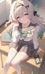  black_hairband blue_pupils cellphone classroom commentary_request desk female firefly_(honkai:_star_rail) firefly_(spring_missive)_(honkai:_star_rail) gradient_hair grey_hair grey_sailor_collar hair_between_eyes hair_intakes hairband hand_in_own_hair highres honkai:_star_rail honkai_(series) long_hair long_sleeves looking_at_viewer multicolored_eyes multicolored_hair name_tag official_alternate_costume on_desk phone pleated_skirt purple_eyes sailor_collar satomi_(745684552) school_desk sitting skirt smartphone smile solo thighhighs two-tone_eyes white_thighhighs 