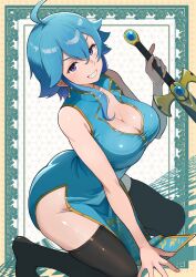  absurdres ahoge ass bare_arms blue_hair blue_tunic blush breasts cleavage commentary commission commissioner_upload dress earrings english_commentary female fire_emblem fire_emblem:_genealogy_of_the_holy_war grin groin hand_on_ground hand_up headband highres holding holding_sword holding_weapon jewelry kneeling large_breasts looking_at_viewer mashiroshiro no_panties no_shoes open_clothes original outside_border pelvic_curtain popped_collar purple_eyes selia_(mrtalkingdino) sheath sheathed short_hair sidelocks skeb_commission skindentation sleeveless sleeveless_dress smile solo sword thighhighs thighs tomboy tunic weapon white_headband 