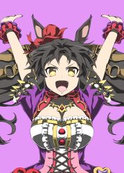  +_+ animal_ears arms_up black_hair breasts brown_eyes dress drill_hair drill_sidelocks female frills hair_ornament hairband highres horse_ears horse_girl large_breasts long_hair looking_at_viewer marvelous_sunday_(kira_doki_waku_mabe)_(umamusume) marvelous_sunday_(umamusume) multicolored_dress oerba_yun_fang open_mouth red_hairband short_sleeves sidelocks simple_background smile solo twintails umamusume wrist_cuffs yellow_eyes zukki_(bijitaru) 