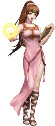  3d artist_request book breasts brown_eyes brown_hair casting_spell circlet collarbone cross-laced_sandals dress female fire_emblem fire_emblem:_mystery_of_the_emblem fire_emblem:_new_mystery_of_the_emblem fire_emblem_warriors full_body game_model holding holding_book linde_(fire_emblem) long_hair looking_at_viewer magic medium_breasts official_art open_mouth pink_dress ponytail sandals second-party_source side_slit simple_background smile solo transparent_background 