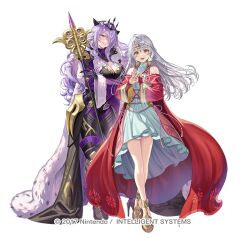 2girls armor armored_boots bare_shoulders boots breasts bridal_gauntlets camilla_(fire_emblem) camilla_(light_of_nohr)_(fire_emblem) cape circlet cleavage closed_mouth commentary_request curly_hair detached_sleeves dress fire_emblem fire_emblem:_radiant_dawn fire_emblem_fates fire_emblem_heroes full_body fur_trim gauntlets gloves grey_hair hair_ornament hair_over_one_eye hair_tubes holding jewelry large_breasts lips long_hair long_sleeves looking_at_viewer micaiah_(fire_emblem) micaiah_(queen_of_dawn)_(fire_emblem) multiple_girls official_art okuma_mai open_mouth purple_hair red_eyes solo staff tiara transparent_background white_hair wide_sleeves yellow_eyes 