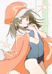  bakemonogatari birthday commentary_request female gift green_hair happy_birthday highres holding holding_gift jacket kingyo_(nyankomanjyuu15) monogatari_(series) polka_dot polka_dot_background school_swimsuit sengoku_nadeko star_(symbol) swimsuit 