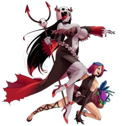  1boy bident black_dress black_hair black_nails blue_eyes breasts colored_skin cornucopia crossdressing crossdressing_(mtf) dress elbow_gloves fake_horns female fingernails fire_emblem fire_emblem_heroes food fruit full_body gloves greek_mythology grey_skin hades_(wanderjegson) hair_over_one_eye helmet high_heels holding holding_polearm holding_weapon horned_helmet horns husband_and_wife large_breasts long_hair multicolored_hair nail_polish navel open_mouth original outstretched_arm parody persephone_(wanderjegson) pink_hair plunging_neckline polearm purple_hair red_hair red_shoes sharp_teeth shoes short_dress short_hair side_slit skull-shaped_hat skull_belt skull_on_head sleeveless sleeveless_dress smile teeth trap two-tone_hair underboob wanderjegson weapon 
