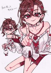  ayase_momo breasts brown_hair choker commentary_request crossed_bangs dandadan detached_sleeves dress female full_body grey_background hair_between_eyes hair_bun hair_ornament hairclip highres medium_breasts medium_hair multiple_views pointing pointing_at_viewer red_dress red_eyes red_socks ribbed_socks shoes smile socks two-tone_dress uap_dnddn updo upper_body white_choker white_dress white_shoes 
