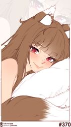  absurdres animal_ears blunt_bangs blush brown_hair closed_mouth commentary english_commentary female highres holo likunea long_hair looking_at_viewer nude oerba_yun_fang patreon_logo patreon_username pillow red_eyes revision smile solo spice_and_wolf twitter_username twitter_x_logo upper_body wolf_ears wolf_girl zoom_layer 