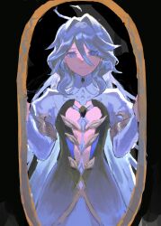  absurdres ahoge closed_mouth commentary_request cowboy_shot dress female focalors_(genshin_impact) genshin_impact gold_trim hands_up heterochromia highres looking_at_viewer matomaaaa mirror sidelocks smile solo w_arms wavy_hair white_dress 