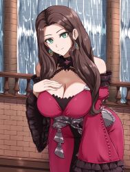  bare_shoulders breasts brick_wall brown_hair cleavage closed_mouth commentary detached_sleeves dorothea_arnault dorothea_arnault_(timeskip) dress earrings english_commentary female fgsketch fire_emblem fire_emblem:_three_houses green_eyes hand_on_own_chest highres jewelry large_breasts leaning_forward long_hair long_sleeves looking_at_viewer red_dress slit_pupils solo water waterfall wide_hips wide_sleeves 