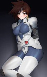  absurdres armor arms_behind_back blue_bodysuit bodysuit breasts brown_eyes brown_hair closed_mouth commentary erorange feet_out_of_frame female gradient_background hair_ornament highres iria_(zeiram) iria_zeiram_the_animation large_breasts light_blush looking_at_viewer lying mole mole_under_eye on_side short_hair shoulder_armor skin_tight solo spiked_hair 