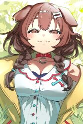  :3 absurdres animal_collar animal_ears bandeau blush bone_hair_ornament braid breasts brown_eyes brown_hair buttons cleavage closed_mouth collar collarbone commentary_request dog_ears dog_girl dot_nose double-parted_bangs dress fanged_bangs female grass hair_between_eyes hair_ornament hairclip highres hololive inugami_korone inugami_korone_(1st_costume) jacket long_hair looking_up low_twin_braids lying medium_breasts mugi626 on_back open_clothes open_jacket outdoors parallel_hairclips paw_print raised_eyebrows red_collar red_trim sidelocks single_off_shoulder sleeveless sleeveless_dress smile solo sunlight twin_braids upper_body virtual_youtuber white_dress yellow_jacket 