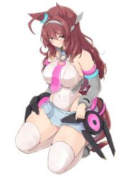  ahoge animal_ears bare_shoulders blue_eyes blush breasts brown_hair closed_mouth commentary_request covered_navel detached_sleeves female grey_hairband grey_leotard grey_skirt grey_sleeves hair_between_eyes hair_intakes hairband highleg highleg_leotard highres horse_ears horse_girl horse_tail large_breasts leotard long_hair lowleg lowleg_skirt mihono_bourbon_(mb-19890425)_(umamusume) mihono_bourbon_(umamusume) necktie pink_necktie seiza shinonon_(iso_shino) silver_hairband sitting skirt solo tail thighhighs thighs umamusume white_leotard white_thighhighs 