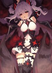  arcaea bare_shoulders black_cape black_horns black_shorts black_sleeves black_wings breasts cape commentary covered_navel detached_sleeves dress female grey_hair hair_between_eyes haspadechanowo highres horns ilith_(arcaea) ilith_(awakened)_(arcaea) looking_at_viewer medium_breasts red_eyes shorts sleeveless sleeveless_dress solo thigh_strap twintails upper_body wings 