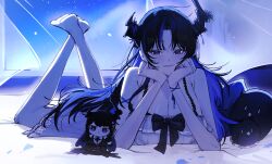  absurdres bare_shoulders black_hair blue_hair breasts cleavage dress elisbian eyelashes female highres hololive hololive_english jailbird_(nerissa_ravencroft) large_breasts long_hair lying mole mole_under_eye nerissa_ravencroft nerissa_ravencroft_(nighttime_princess) on_stomach purple_eyes smile solo_focus white_dress 