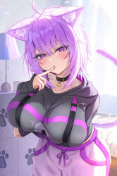  absurdres ahoge animal_collar animal_ear_fluff animal_ears black_collar black_hoodie blush breasts cat_ears cat_girl cat_tail collar commentary_request cropped_hoodie female finger_to_mouth food food_print hair_between_eyes highres hololive hood hood_down hoodie indoors large_breasts long_sleeves looking_at_viewer nekomata_okayu nekomata_okayu_(1st_costume) onigiri onigiri_print open_mouth purple_eyes purple_hair shirt short_hair sleeves_past_wrists solo tail takotakochan_1006 virtual_youtuber 