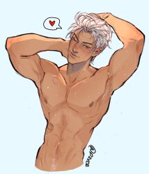  1boy abs armpit_hair artist_name biceps bite_mark chest_hair closed_mouth collarbone cropped_torso floating_head hands_up heart highres looking_at_viewer love_and_deepspace male_focus nipples nose nude one_eye_closed parted_bangs qc7213 red_eyes short_hair simple_background smile solo speech_bubble spoken_heart sylus_(love_and_deepspace) toned toned_male white_background white_hair 
