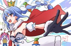  2girls :d absurdres ahoge animal animal_ear_fluff animal_ears bee black_gloves blue_hair blush bow braid breasts bug cape carrot_hair_ornament chibi cleavage collared_shirt commentary_request crown detached_sleeves don-chan_(usada_pekora) dress food-themed_hair_ornament fur-trimmed_dress fur-trimmed_gloves fur_trim gloves hair_between_eyes hair_ornament hairbow highres hololive hololive_dev_is kikirara_vivi kiritoma leotard medium_breasts mini_crown multicolored_hair multiple_girls overalls pink_hair puffy_short_sleeves puffy_sleeves purple_hair purple_shirt rabbit-shaped_pupils rabbit_ears red_cape red_eyes shirt short_eyebrows short_sleeves signature smile strapless strapless_dress strapless_leotard symbol-shaped_pupils thick_eyebrows tilted_headwear translation_request twin_braids twintails two-tone_hair usada_pekora usada_pekora_(1st_costume) v-shaped_eyebrows virtual_youtuber white_bow white_dress white_hair white_sleeves 