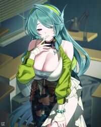  bare_shoulders bead_bracelet beads bracelet breasts cecilia_(zenless_zone_zero) cleavage commentary desk dress female fins green_dress green_hair green_hairband hairband head_fins highres indoors jewelry lamp large_breasts long_hair looking_at_viewer mole mole_under_mouth purple_eyes seahorse_girl single_hair_intake smile solo svet_yomi very_long_hair zenless_zone_zero 