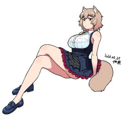  arm_support black_dress black_eyes blue_shoes breasts brown_hair buttons collared_shirt commentary_request dated dog_girl dress female full_body large_breasts legs light_blush looking_at_viewer original shirt shoes short_hair simple_background sitting sleeveless solo thighs tsukudani-chan tsukudani_(coke-buta) white_background white_shirt 