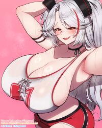  alternate_breast_size_(larger) arm_behind_head arm_strap armpits arms_up azur_lane bare_arms bare_shoulders black_choker black_ribbon blush breasts bright_pupils choker cleavage collarbone commentary_request commission cowboy_shot crop_top cross-laced_clothes cross-laced_top fanbox_username female grey_hair half-closed_eyes headgear heavy_breathing highres huge_breasts long_hair looking_at_viewer midriff multicolored_hair official_alternate_costume paid_reward_available parted_bangs parted_lips patreon_username pink_background pixiv_commission prinz_eugen_(azur_lane) prinz_eugen_(brilliant_touchdown)_(azur_lane) raised_eyebrows reaching reaching_towards_viewer red_shorts red_streaks ribbon ribbon_choker rikuguma ring_light_reflection shirt short_shorts shorts sideboob simple_background smile solo standing steaming_body streaked_hair striped_clothes striped_shorts sweat tank_top teeth twitter_username two_side_up upper_teeth_only variant_set very_long_hair wet wet_clothes wet_shirt white_pupils white_tank_top yellow_eyes 