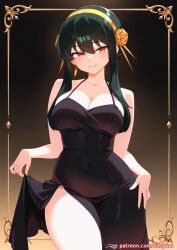  artist_name bare_shoulders black_dress black_hair breasts cleavage commentary covered_navel danyfoo dress earrings english_commentary female gold_hairband hairband jewelry large_breasts looking_at_viewer red_eyes short_hair_with_long_locks solo spy_x_family web_address yor_briar 