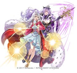 2girls armor armored_boots bare_shoulders boots breasts bridal_gauntlets camilla_(fire_emblem) camilla_(light_of_nohr)_(fire_emblem) cape circlet cleavage closed_mouth commentary_request curly_hair detached_sleeves dress fire_emblem fire_emblem:_radiant_dawn fire_emblem_fates fire_emblem_heroes full_body fur_trim gauntlets gloves grey_hair hair_ornament hair_over_one_eye hair_tubes holding jewelry large_breasts lips long_hair long_sleeves looking_at_viewer micaiah_(fire_emblem) micaiah_(queen_of_dawn)_(fire_emblem) multiple_girls official_art okuma_mai open_mouth purple_hair red_eyes solo staff tiara transparent_background white_hair wide_sleeves yellow_eyes 