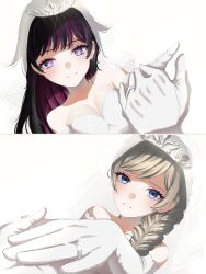  2girls absurdres bare_shoulders black_hair blue_eyes blush braid breasts cleavage closed_mouth columbina_(genshin_impact) commentary_request dress elbow_gloves genshin_impact gloves grey_hair highres holding_hands jewelry looking_at_another medium_breasts multicolored_hair multiple_girls off-shoulder_dress off_shoulder purple_eyes purple_streaks pyipyimime ring sandrone_(genshin_impact) simple_background single_braid smile streaked_hair wedding_dress wedding_ring white_background white_dress wife_and_wife yuri 