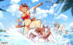  4girls admire_vega_(umamusume) ahoge animal_ears annoyed arm_up artist_name beehunterkisser bikini bird black_bikini blue_sky blush breasts brown_hair closed_mouth commentary day english_commentary fatter_than_canon hair_between_eyes hair_intakes hair_ornament hairband haru_urara_(umamusume) highres horse_ears horse_girl horse_tail huge_breasts long_hair looking_ahead looking_at_another medium_breasts meisho_doto_(umamusume) multicolored_hair multiple_girls navel open_mouth outdoors outstretched_arm pale_skin parted_lips pink_hair plump raised_inner_eyebrows red_bikini red_eyes seagull short_hair sky smile standing stomach swimming swimsuit t.m._opera_o_(umamusume) tail tan two-tone_hair umamusume water white_bikini white_hair 