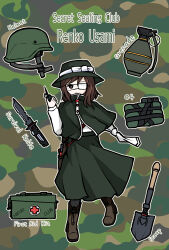  absurdres adapted_costume amputee bandage_over_one_eye black_capelet black_hat black_skirt black_socks boots bow brown_boots brown_eyes brown_hair c4 camouflage_background capelet character_name closed_mouth combat_helmet commentary explosive female first_aid_kit galm_x_lmr_(ryonasa) grenade hat hat_bow helmet highres knife long_skirt long_sleeves medium_hair radio_transceiver shirt shirt_tucked_in shovel skirt socks solo touhou usami_renko white_bow white_shirt 