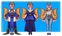  absurdres aged_up animal_ear_fluff animal_ears armpit_crease blue_kimono blue_nails blue_pants blue_sandals blue_thighhighs bow breasts cleavage cleavage_cutout clothing_cutout commentary crocs denim detached_sleeves english_commentary fate/extra fate_(series) fox_ears fox_girl fox_tail hair_intakes hair_over_shoulder hairbow highres japanese_clothes jeans jewelry kimono large_breasts long_hair long_skirt mature_eyes mature_female multiple_tails necklace obi pants pelvic_curtain pink_hair platform_shoes ribbed_sweater romulproduce sandals sash shoes sideboob sidelocks signature skirt sleeves_past_wrists smile sweater tail tamamo_no_mae_(fate) tassel thighhighs turtleneck turtleneck_sweater twitter_username two_tails wide_hips yellow_eyes 