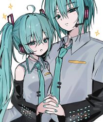  1boy aqua_eyes aqua_hair aqua_nails aqua_necktie breasts collared_shirt commentary detached_sleeves double-parted_bangs dual_persona female grey_shirt hatsune_miku hatsune_mikuo headphones highres holding_hands korean_commentary looking_at_viewer medium_breasts melongbeee necktie shirt sleeveless sleeveless_shirt sparkle twintails upper_body vocaloid 